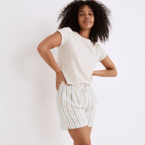Madewell Track Shorts Women's Large Polished Jade Linen Blend Striped Beach - Picture 1 of 12